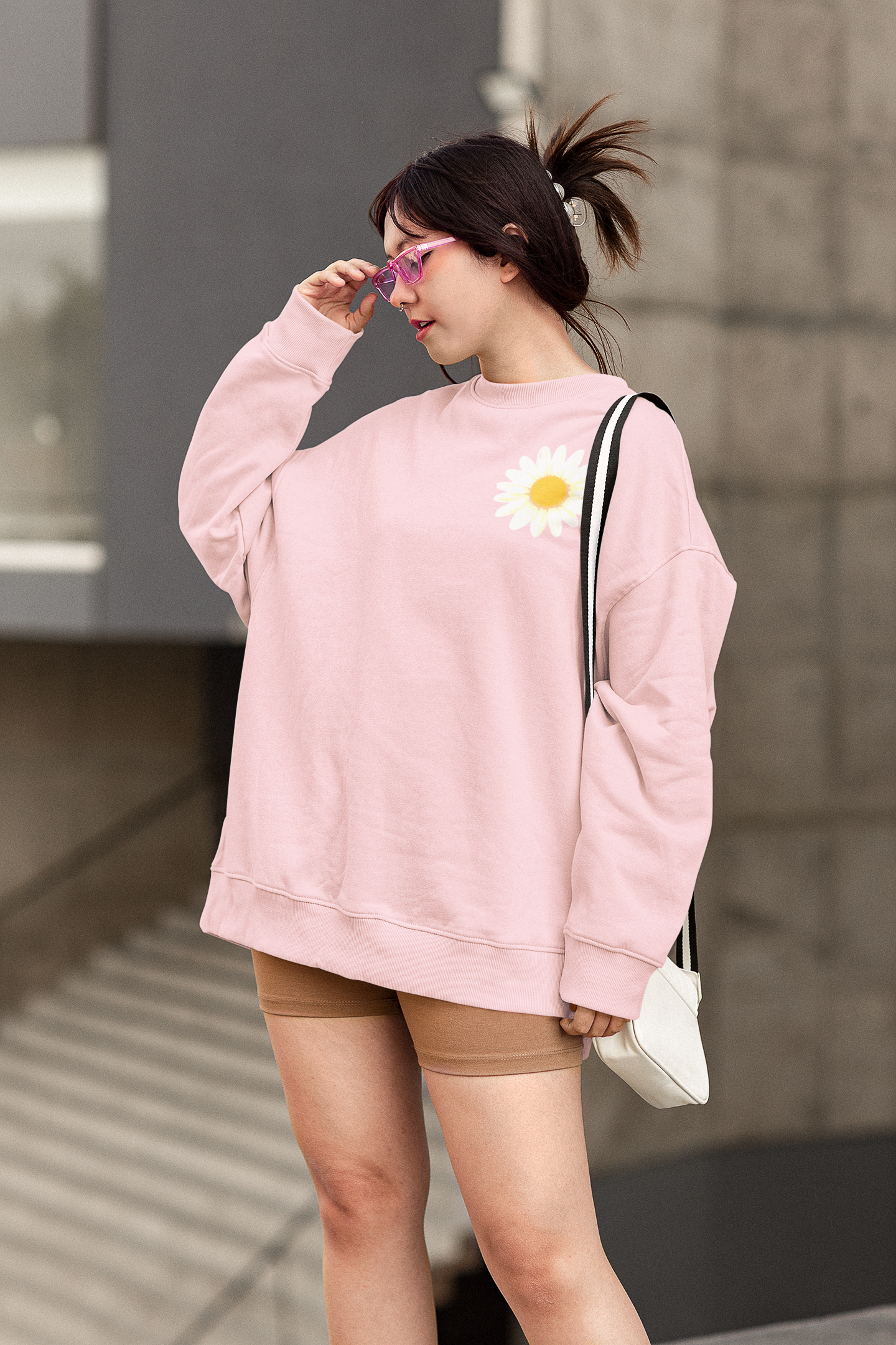 Baby Pink White Sunflower Graphic Oversized Sweatshirt