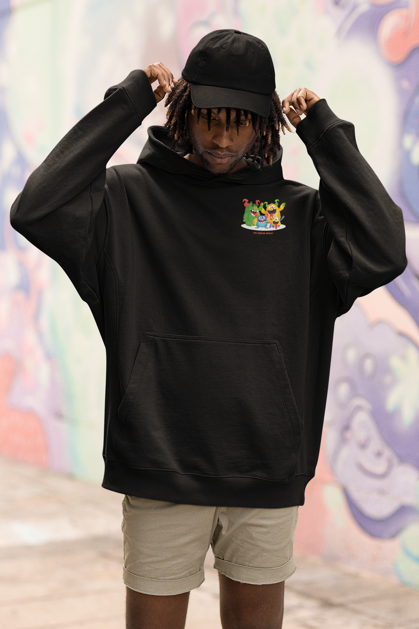 Monster family Black Oversized Graphic Hoodie