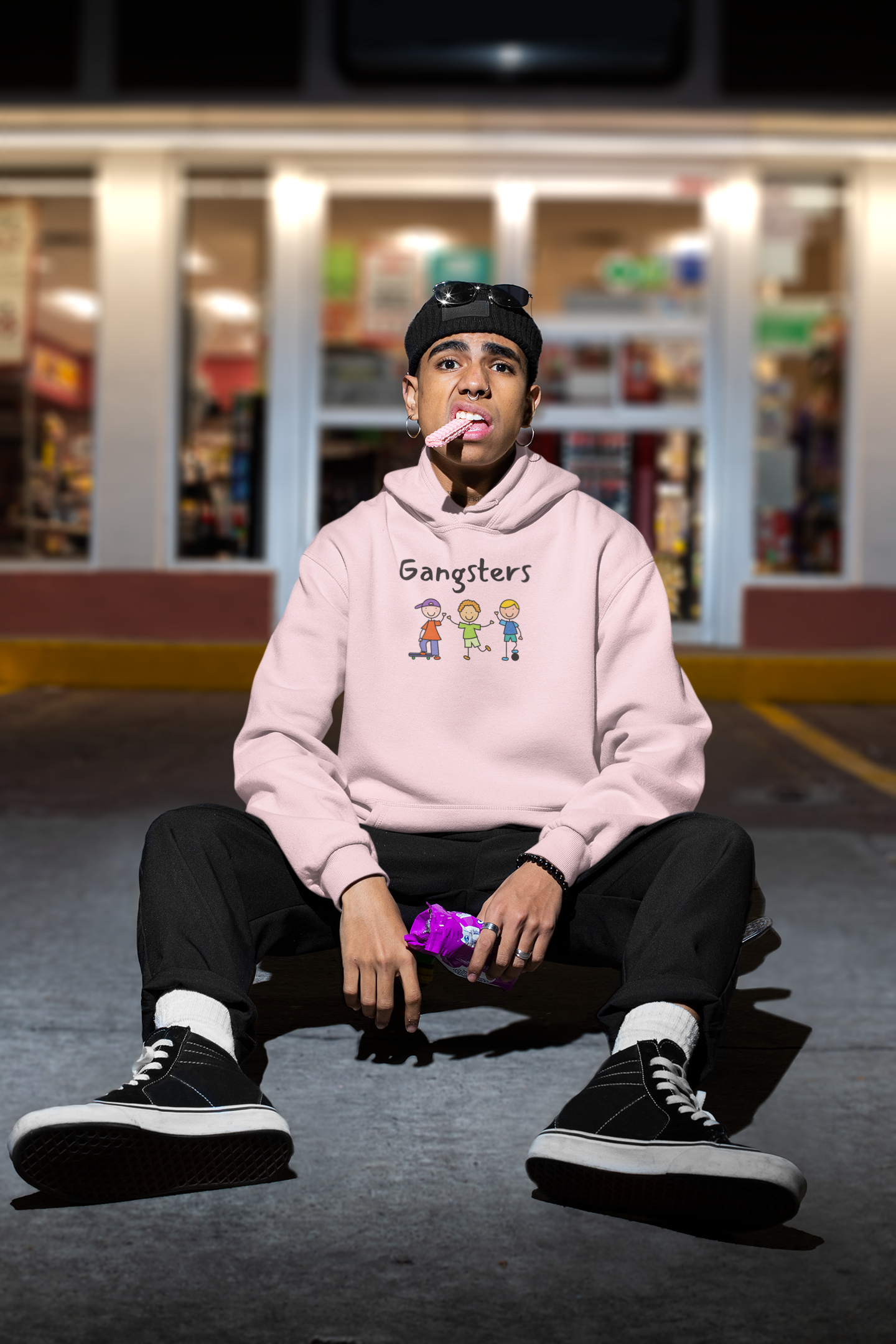 Gangsters Head Graphic Baby Pink Oversized Hoodie