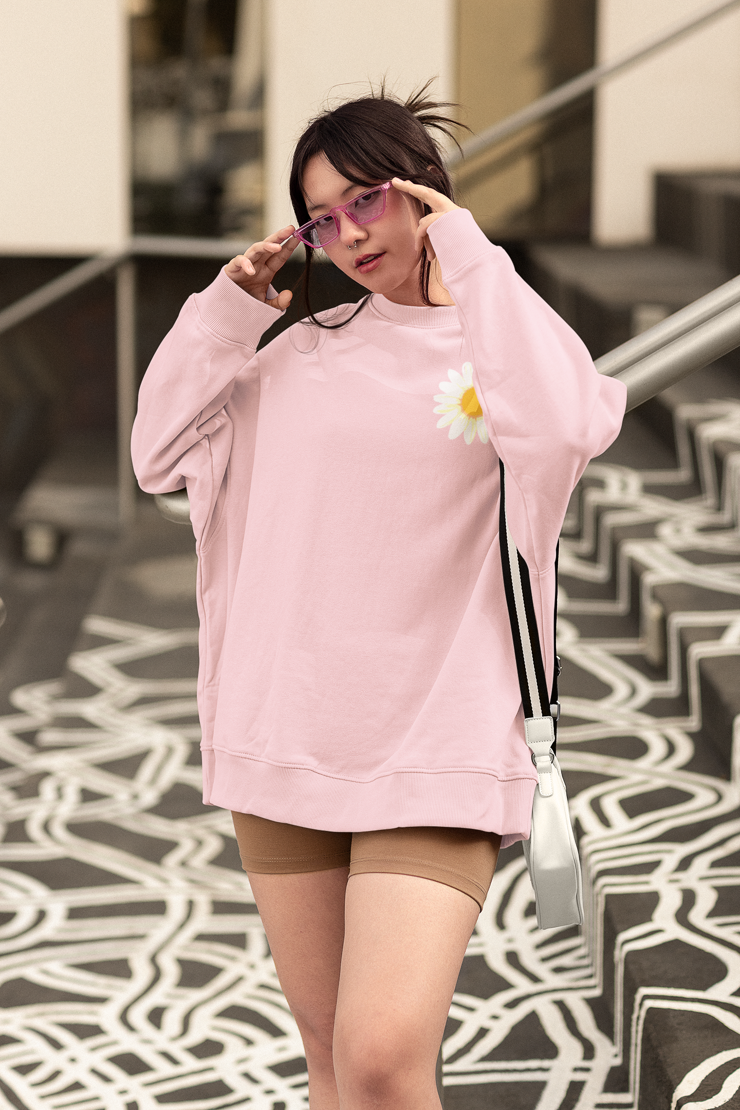 Baby Pink White Sunflower Graphic Oversized Sweatshirt